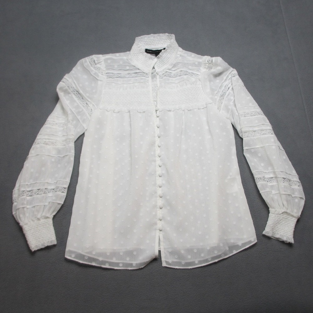 White House Black Market Top Womens White XSP Sheer Blouse Swiss Dot Lace